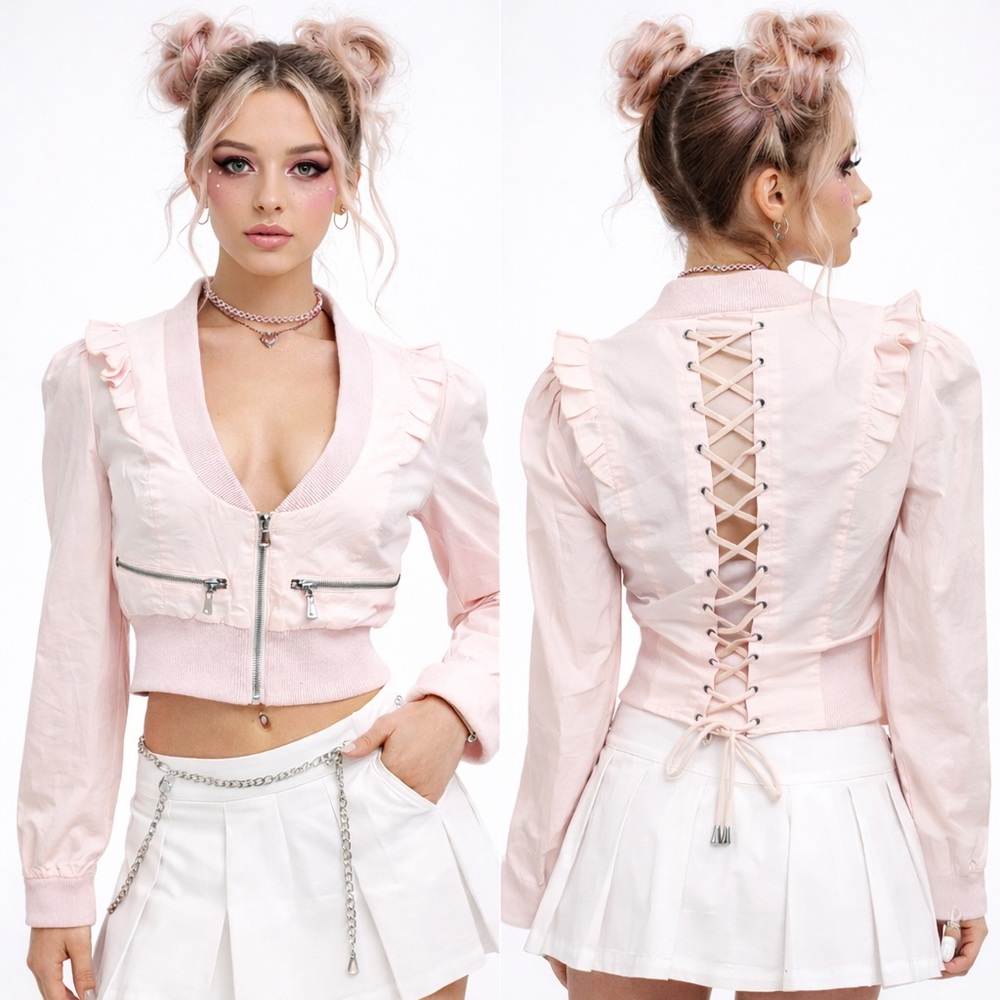 SUGARFLY Corset Back Ruffle Crop Bomber Jacket Lace Up Bubblegum Pastel Pink M